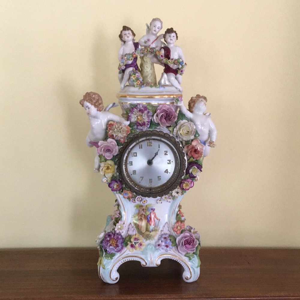 Charming Cherub Floral Dresden China Porcelain Clock
